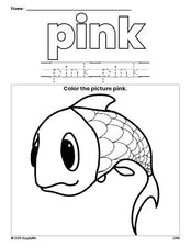 Free fish color pink coloring page and color worksheet, pink worksheet for preschoolers to learn colors, printable PDF