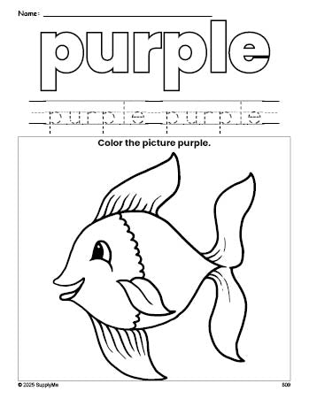 Free fish color purple coloring page and color worksheet, purple worksheet for preschoolers to learn colors, printable PDF