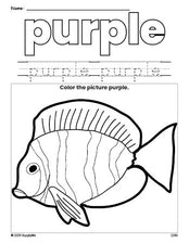 Free fish color purple coloring page and color worksheet, purple worksheet for preschoolers to learn colors, printable PDF