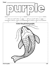 Free fish color purple coloring page and color worksheet, purple worksheet for preschoolers to learn colors, printable PDF