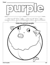 Free fish color purple coloring page and color worksheet, purple worksheet for preschoolers to learn colors, printable PDF