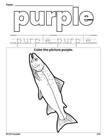 Free fish color purple coloring page and color worksheet, purple worksheet for preschoolers to learn colors, printable PDF