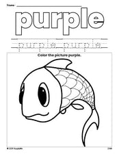 Free fish color purple coloring page and color worksheet, purple worksheet for preschoolers to learn colors, printable PDF