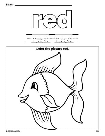 Free fish color red coloring page and color worksheet, red worksheet for preschoolers to learn colors, printable PDF