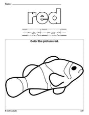 Free fish color red coloring page and color worksheet, red worksheet for preschoolers to learn colors, printable PDF