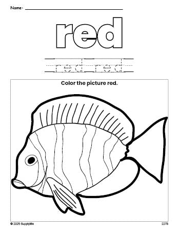 Free fish color red coloring page and color worksheet, red worksheet for preschoolers to learn colors, printable PDF