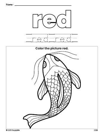 Free fish color red coloring page and color worksheet, red worksheet for preschoolers to learn colors, printable PDF