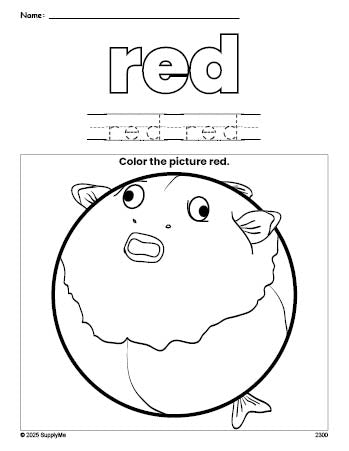 Free fish color red coloring page and color worksheet, red worksheet for preschoolers to learn colors, printable PDF