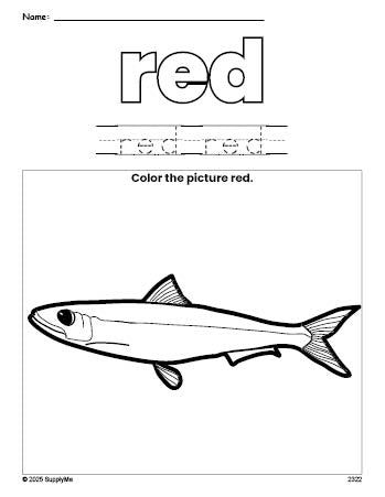 Free fish color red coloring page and color worksheet, red worksheet for preschoolers to learn colors, printable PDF