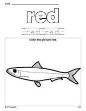 Free fish color red coloring page and color worksheet, red worksheet for preschoolers to learn colors, printable PDF