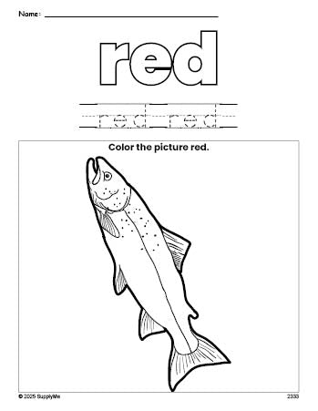 Free fish color red coloring page and color worksheet, red worksheet for preschoolers to learn colors, printable PDF