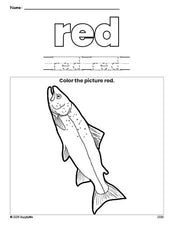 Free fish color red coloring page and color worksheet, red worksheet for preschoolers to learn colors, printable PDF