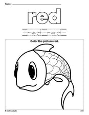 Free fish color red coloring page and color worksheet, red worksheet for preschoolers to learn colors, printable PDF