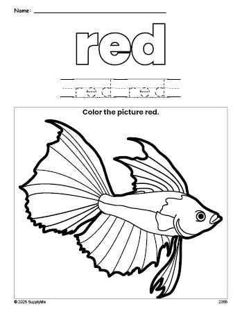 Free fish color red coloring page and color worksheet, red worksheet for preschoolers to learn colors, printable PDF