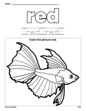 Free fish color red coloring page and color worksheet, red worksheet for preschoolers to learn colors, printable PDF