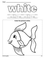 Free fish color white coloring page and color worksheet, white worksheet for preschoolers to learn colors, printable PDF