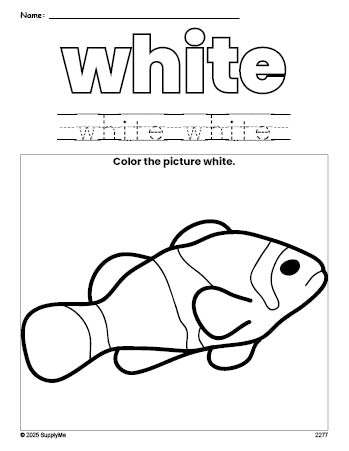 Free fish color white coloring page and color worksheet, white worksheet for preschoolers to learn colors, printable PDF