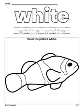 Free fish color white coloring page and color worksheet, white worksheet for preschoolers to learn colors, printable PDF