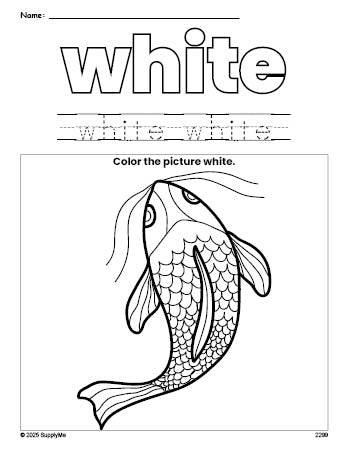 Free fish color white coloring page and color worksheet, white worksheet for preschoolers to learn colors, printable PDF