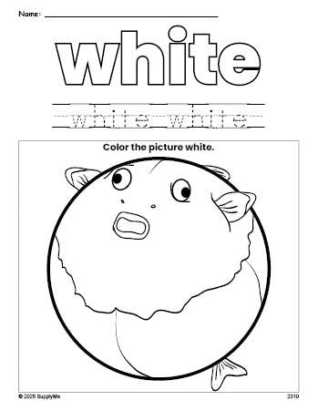 Free fish color white coloring page and color worksheet, white worksheet for preschoolers to learn colors, printable PDF