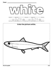 Free fish color white coloring page and color worksheet, white worksheet for preschoolers to learn colors, printable PDF