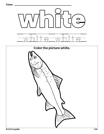 Free fish color white coloring page and color worksheet, white worksheet for preschoolers to learn colors, printable PDF