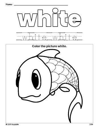 Free fish color white coloring page and color worksheet, white worksheet for preschoolers to learn colors, printable PDF