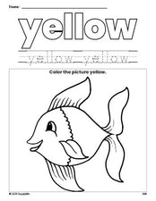 Free fish color yellow coloring page and color worksheet, yellow worksheet for preschoolers to learn colors, printable PDF