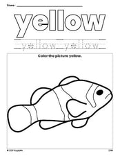 Free fish color yellow coloring page and color worksheet, yellow worksheet for preschoolers to learn colors, printable PDF