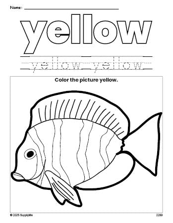 Free fish color yellow coloring page and color worksheet, yellow worksheet for preschoolers to learn colors, printable PDF