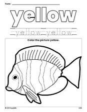 Free fish color yellow coloring page and color worksheet, yellow worksheet for preschoolers to learn colors, printable PDF