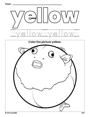 Free fish color yellow coloring page and color worksheet, yellow worksheet for preschoolers to learn colors, printable PDF