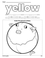 Free fish color yellow coloring page and color worksheet, yellow worksheet for preschoolers to learn colors, printable PDF