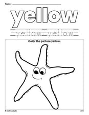 Free fish color yellow coloring page and color worksheet, yellow worksheet for preschoolers to learn colors, printable PDF