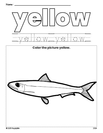 Free fish color yellow coloring page and color worksheet, yellow worksheet for preschoolers to learn colors, printable PDF