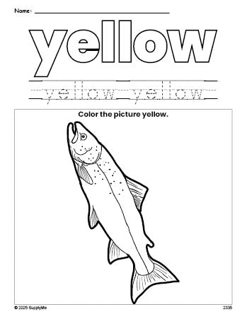 Free fish color yellow coloring page and color worksheet, yellow worksheet for preschoolers to learn colors, printable PDF