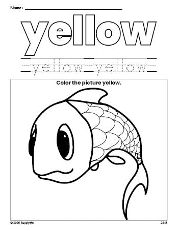 Free fish color yellow coloring page and color worksheet, yellow worksheet for preschoolers to learn colors, printable PDF