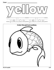 Free fish color yellow coloring page and color worksheet, yellow worksheet for preschoolers to learn colors, printable PDF