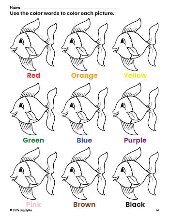 Free fish coloring page and color worksheet for preschoolers to learn colors, printable PDF