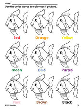 Free fish coloring page and color worksheet for preschoolers to learn colors, printable PDF