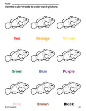 Free fish coloring page and color worksheet for preschoolers to learn colors, printable PDF