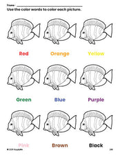 Free fish coloring page and color worksheet for preschoolers to learn colors, printable PDF