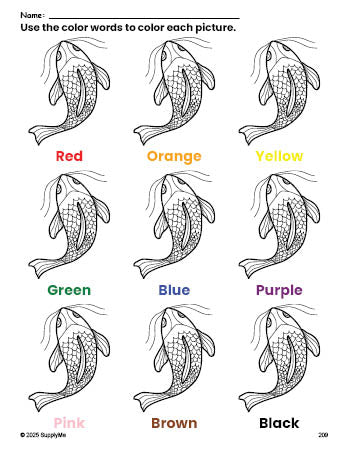 Free fish coloring page and color worksheet for preschoolers to learn colors, printable PDF