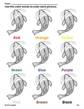 Free fish coloring page and color worksheet for preschoolers to learn colors, printable PDF