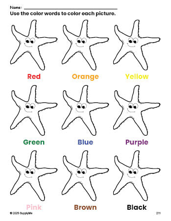 Free fish coloring page and color worksheet for preschoolers to learn colors, printable PDF