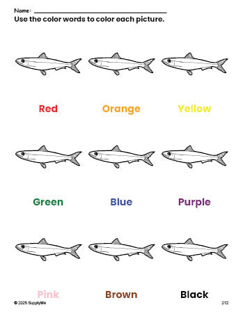 Free fish coloring page and color worksheet for preschoolers to learn colors, printable PDF