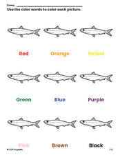 Free fish coloring page and color worksheet for preschoolers to learn colors, printable PDF