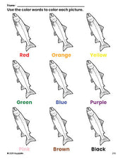 Free fish coloring page and color worksheet for preschoolers to learn colors, printable PDF