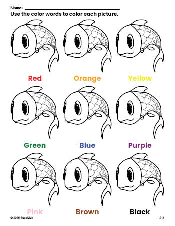 Free fish coloring page and color worksheet for preschoolers to learn colors, printable PDF