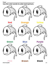 Free fish coloring page and color worksheet for preschoolers to learn colors, printable PDF